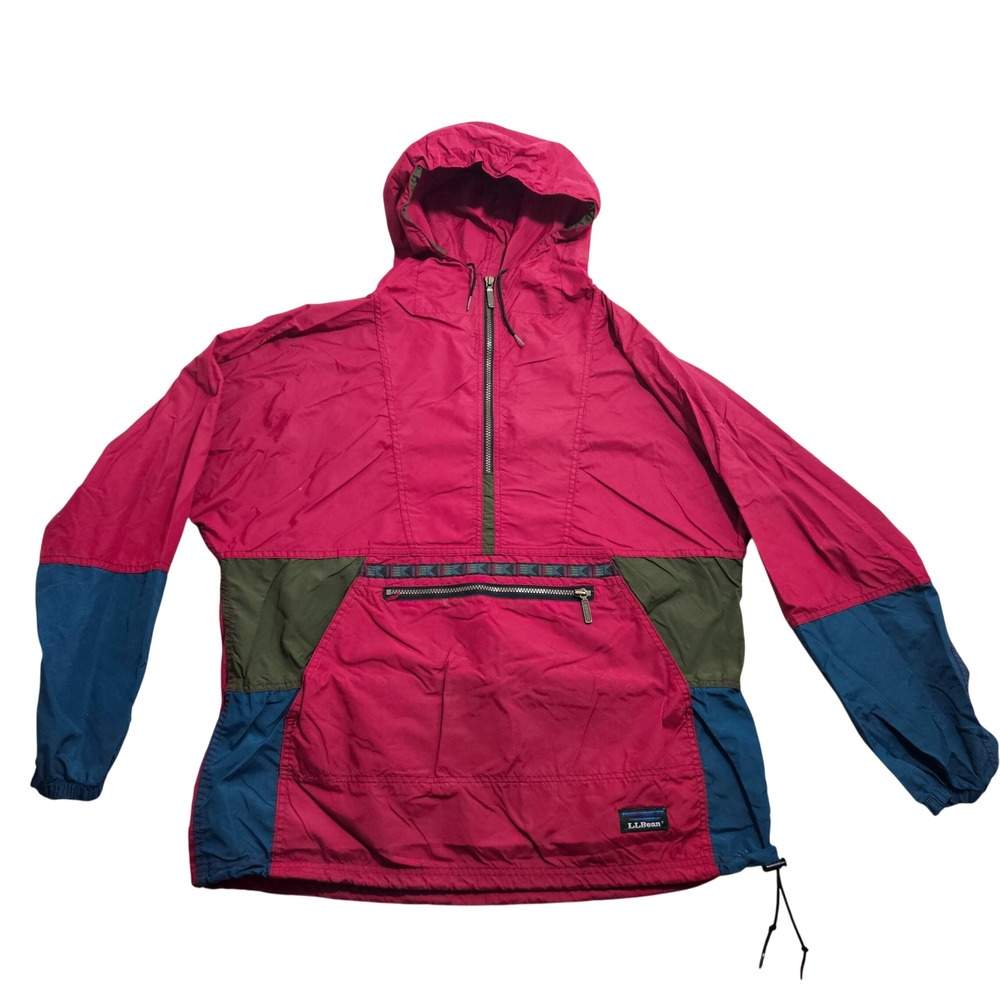 LL Bean Anorak Jacket Mens L Red Colorblock Vintage Made in USA Hooded Pullover*